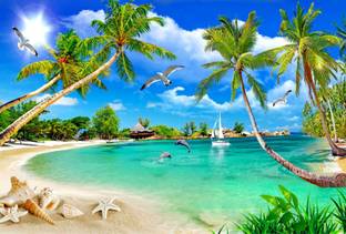 इम्ब्यू Beach self adhesive vinyl painting without frame डिजिटल रीप्रिंट 36 inch x 72 inch पेंटिंग