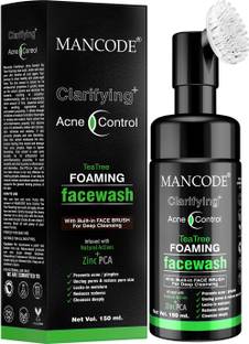MANCODE Clarifying Acne Control Tea Tree Foaming , With Built-in FACE BRUSH for Deep Cleansing , Infused with Natural Actives and Zinc PCA, Prevents Acne, Reduces Redness and Cleanses Deeply, 150ml Face Wash