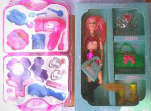 Kmc kidoz combo Doll House Set, Doll Set for Kids Girls with Foldable Hands & Little Girl's Plastic Cosmetic Play Beauty Salon Makeup Set Toy