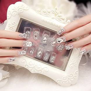 HEAVEN 24 pc Set Heavy Stone French Artificial Nails With Free Application Tape Glue