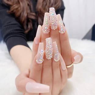 HEAVEN 24pc Set Of Extra Long Peach French Artificial Nails With Stone With Free Application KIt