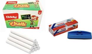 Oddy Non Toxic White Dustless Blackboard Chalk, Pack of 1, 50 pcs with 1 Duster Black Board Dustless WHITE Chalk