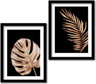 Nature Theme Golden Leaf Wall Posters for Room Wall Decor - Framed Posters for Living Room Bedroom - Tropical Leaf Posters with Frame Paper Print
