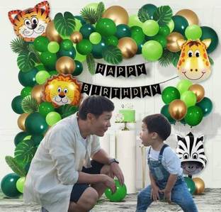 Fun and Flex Solid Jungle/Forest Theme Happy Birthday Combo Kit for Birthday Party, Baby Shower, New born Decorations with Balloon Pump. Balloon