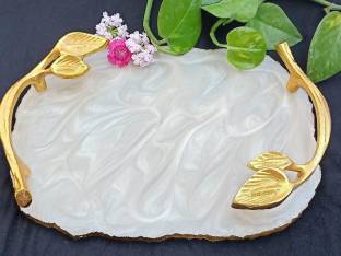fancypalace Resin Serving Tray Decorative Leaf Designer Metal Gold Handle Craft for Centre Table and Home Decor Gift Tray