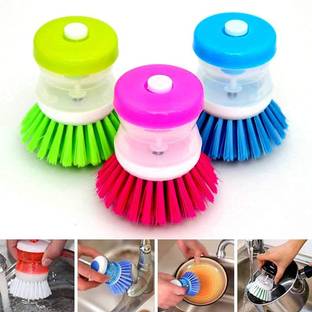 VIMIBELLS (Pack of 3) Washbasin Plastic Cleaning Brush with Liquid Soap Dispenser for Kitchen Plastic Pot Dish Cleaning Brush Home Cleaning Kitchen Washing Utensils (Color and Design May Vary) Plastic Wet Brush