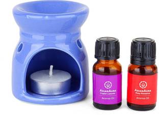 Asian Aura Aroma Oil Burner with 1 Candle & 2 Fragnance oil (English Lavender,Rosy Romance) Gift Set for Home Fragnance, Blue Diffuser Set Aroma Oil Burner-19