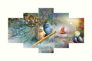 Great Art Decor Abstract Theme - Set Of 5 Shri Krishna And Radha Flute Love Framed Wall Painting 3D Scenery (75 x 43 Cm) , Multicolor Digital Reprint 17 inch x 30 inch Painting