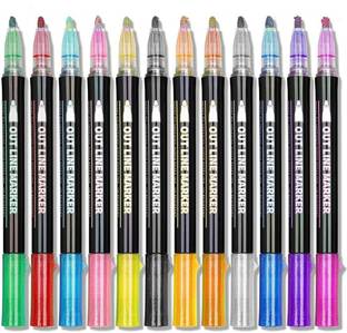 Pehrovin Ventures Outliner Pens/ Outline Marker pens/ Outline Highlighter Pens/ Glitter pens/ Shimmer pens/ Self Outliner Metallic pens for Greeting Cards, Posters, art and craft, Painting, etc ( Set of 12)