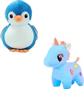 Toyhaven Special toys combo of 5 super soft plus blue unicorn and blue penguin for boys and girls  - 25 cm