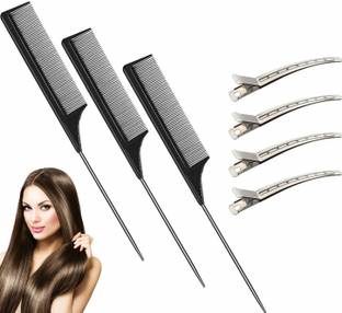 SANDIP 3 pcs Carbon Tail Comb Fiber Teasing Combs Rat Tail Comb Stainless Steel Pintail Comb Heat Resistant Teasing Comb Metal Alligator (3) Curl Clips (Black)