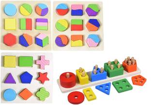 Authfort 3 Sets Of Shapes Wooden Shape Puzzle Blocks Chunky Puzzle Kindergarten & Geometric Shape Educational Intelligence Early Learning Wooden Blocks