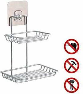 AD PLAST Double Layer Stainless Steel Soap Dish Storage Organizer Holder Self-Adhesive Waterproof Kitchen Bathroom Soaps Wall Rack Stand for washbasin no Drill Space Saver soap Holder Self For Home Stainless Steel Wall Shelf (Number of Shelves - 2, Silver)