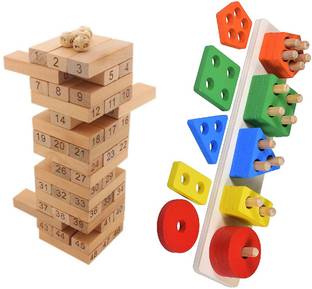 Authfort Wooden Natural Wood Color Good Jenga Building Blocks Educational Game Toy 48 Pcs & Five Column Shape Block game wooden toy Combo 2