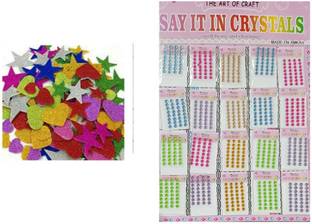 इंशन 2 in 1 ( sticker 50 Pcs Glitter sticker mix shape + 640 stone beads multi color for decoration ) art craft kit
