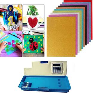 imtion 2 in 1 Kit ( Pencil box with calculator attached for kids + 10 Pcs Different Colour Glitter EVA Foam sheet Best Glitter craft sheet and jometry box kids