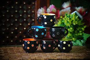 love unlimited Pack of 6 Ceramic Stylish Ceramic Handcrafted Black Pari Dot Printed Solid Mutli Microwave Safe Milk/Coffee/Tea Beverage Mug with Handle Ideal Best Gift for Friends, Family, Kitchen Cup Set