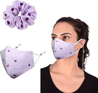 MASQ Heart Embroidered, Scrunchie & 4 Layer Cotton Cloth Face Mask Combo with Detachable Chain for Women in Large Size (Pack of 2) Rubber Band