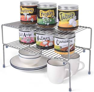 SMART SLIDE Plate Kitchen Rack Steel 2 Shelves Stainless Steel Kitchen Cabinet Shelf Organizer, Expandable & Stackable Counter Spice Racks, Multifunctional Storage Shelf for Kitchen, Bathroom, Cupboard & Pantry, Kitchen Stand