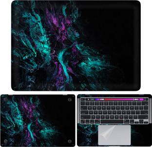 dzazner Fullbody 4 in 1 Precision Cut Laptop Skin Wrap (Top, Bottom, Around Keyboard, Trackpad Protector) Decal Vinyl Sticker Compatible Only for MacBook Pro 13 Inch Model A2338 - Cyan Megenta Art on Black Self Adhesive Vinyl Laptop Skin Compatible for 13 inch