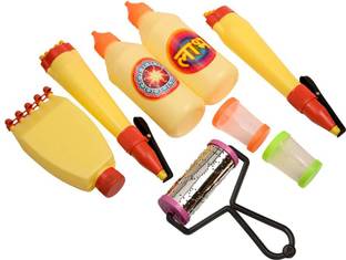 Panca Rangoli Making Tools - 2 Ivory Pens, 2 Bottles, 1 Yellow Patta - 5 line, 1 Roller, 2 Fillers Rangoli Stencil