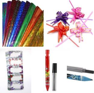 imtion 4 in 1 Wrapping paper ( Pack of 20 Pieces Gift Wrapping Paper + 20 Flower Ribbons + 20 Best Wishes Strike + 1 Pcs Mechanical pencil ) Multi Color Different Design Wrapping Paper