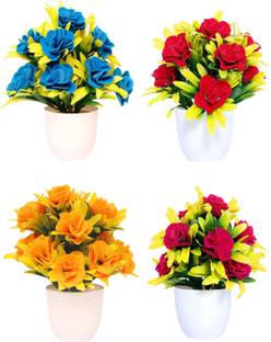 NERAPI SRYP 4 Piece Unique Design Flower Plant Set For Home/Office Décor Accent Multicolor Rose Artificial Flower  with Pot