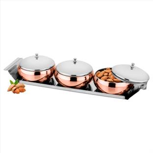 PRABHA Stainless Steel Candy Bowl Stainless Steel Copper Coating Lotus Bowl 3 Pcs Set With Tray, Multipurpose Container Set with Lid, Useful for home kitchen Dining Table Restaurants Hotels Events