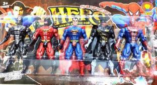 Cabin Hut Avangers Super Heros action Figures 5 in 1 set with LED light on chest (in all 5 Characters) & all Joints Movable (All Characters) | Spyderman | Suppermen | Zoro | Bat hero | Black Spyderman | justice league | (Size-Large 17Cms Height) (Multicolor)