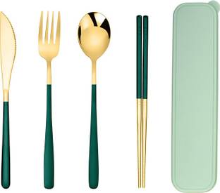 Iktu Premium Gold Plated 304 Stainless Steel Knife Fork Spoon Chopstick Set Flatware Dinnerware Cutlery Tableware Set (Green) Disposable Steel Cutlery Set