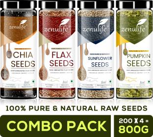 zenulife Raw Chia Seeds, Flax Seeds, Pumpkin Seeds, Sunflower Seeds Combo Loaded with Omega 3, Zinc, Fiber, Calcium, Protein for weight loss, Healthy Heart and Boost Immunity seed for Eating Brown Flax Seeds, Pumpkin Seeds, Chia Seeds, Sunflower Seeds