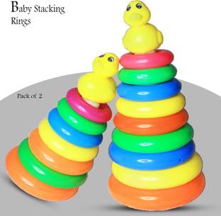 MINIKIDZ Combo Plastic Original Rock-a-Stack,Multicolor, Classic Stacking Toy with 9 and 7 Colorful Rings to Grasp, Shake, and Stack! (Multicolor)