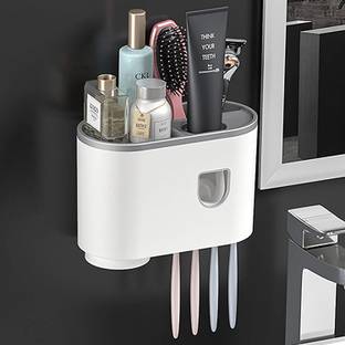 Amulakh Automatic Toothpaste Dispenser Hands Free Toothpaste Holder Wall Mounted Toothpaste Set Magnetic Toothbrush Holder Squeezer Kit Dust-Proof Singal Slots Magnetic Cosmetic Organizer Magnetic Plastic Toothbrush Holder