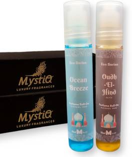 MYSTIQ Perfume Roll-on | Pack of 2 (15ml each) | Eco Series | Oudh-El-Hind Elite | Ocean Breeze | Alcohol Free Concentrated Long Lasting Attar | Woody & Fresh Perfume Combo | Gift Set Herbal Attar