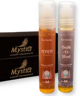 MYSTIQ Perfume Roll-on | Pack of 2 (15ml each) | Eco Series | Oudh-El-Hind Elite | #Coco | Alcohol Free Concentrated Long Lasting Attar | Coco & Woody Perfume Combo | Gift Set Herbal Attar
