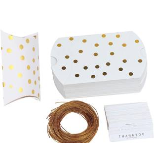 Vinayakart 50 Pieces Pillow Style Paper Candy Boxes,Striped Dots Party Gift Box with Rope and Thank You Label Paper Candy Gift Boxes with Rope and Thank You Label Paper Gift Wrapper