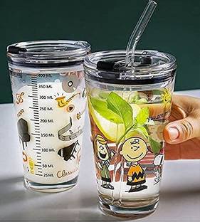 KINJAY (Pack of 2) Beverage Random Design Printed Mug with lid Straw Set 0F 2 Fruit Cold Drinking Glass Water/Juice Glass