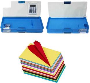 imtion 2 in 1 ( Pencil box with calculator attached + 100 Pcs A4 Size Coloured Peper origami sheet ) Rendom colour and Deghne Mey Very