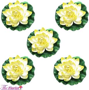 The Florist Artificial Floating Foam Lotus Flower with Water Lily Pad Yellow Lotus Artificial Flower