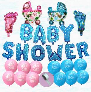 Agk Baby Shower Decoration Item Combo Includes Baby Shower Polka Dotted Letter Foil Balloons - 10 Pcs (Blue) + 2 pcs Cradle Shape foil balloon, 2 Pcs Baby Feet Shape Foil Balloons, 10 Pcs It’s a Girl / It’s a Boy Printed Latex Balloons (Pink & Blue) + 1 Pcs Glue Dot Roll For baby shower party decoration kit, Welcome Baby, Mom to Be, baby photo shoot items
