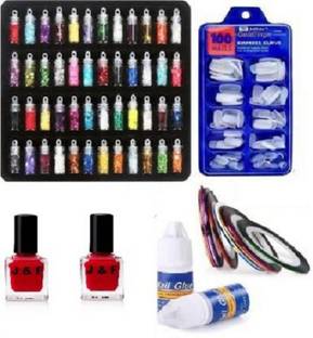 J & F Artificial Empress Curve Fake 100 Nails with 2 glue , 5 nail Tape , Red Nail Polish (Pack of 2) , Nail Glitter 48 pc 3D Nail Art Combo kit (White 100 Nails )