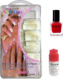J & F Best Quality Artificial Empress Curve 100 Tips Fake Nails With Glue and ( Red Nail Polish ) White Nails