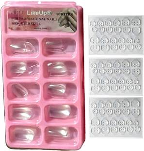LikeUp New Gorgeous 100Pic transparent Reusable Artificial Nail Tips Best False Nails with 3 sheet nail tab sticker Transparent