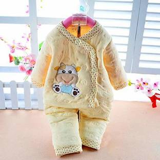 BABY LOOKS Presents New Born Baby Cotton Cartoon Print 2 Piece Suit Keep Baby Warm Cotton Baby Boys Girls Unisex Baby Fleece/Falalen or Flannel Suit Infant Clothes (Yellow 0-3 Months)