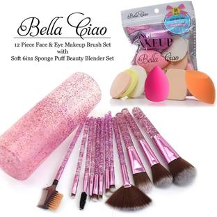 Bella Ciao 12 Pcs Pink Face & Eye Makeup Brush Set With Box + 6in1 Makeup Sponge Puff Pack