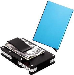 StealODeal Black Metal Case Money Clip With Blue Automatic Pop-Up Button 15 Card Holder