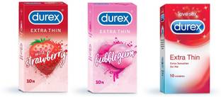 ड्यूरेक्स Condom Pack of 3*10(Strawberry+Bubble+Thin) कंडोम