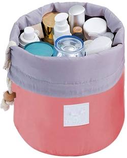 BEMALL Latest Toiletry Bucket Barrel Shaped Cosmetic Bag | Travel Case Round Makeup Pouch for Girls and Women multi Vanity Box