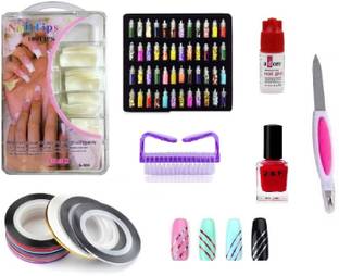 J & F Artificial Fake Nails WIth Glue , 5 Nail Tape for Nail Art , Nail Filer , Red Nail Polish , Nail Cleaning Brush And 48 Pc Mini Glitter Bottles 3D Nail Art Set Combo Pack White Nail