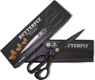 Butterfly 11 Inch Premium Tailoring Scissor for Cloth Cutting with Black Rubber Handle - Professional Fabric Machine Sewing Anti-Rust Stainless Steel Tailor Scissors Small Light Weight for both left and right handed Scissors